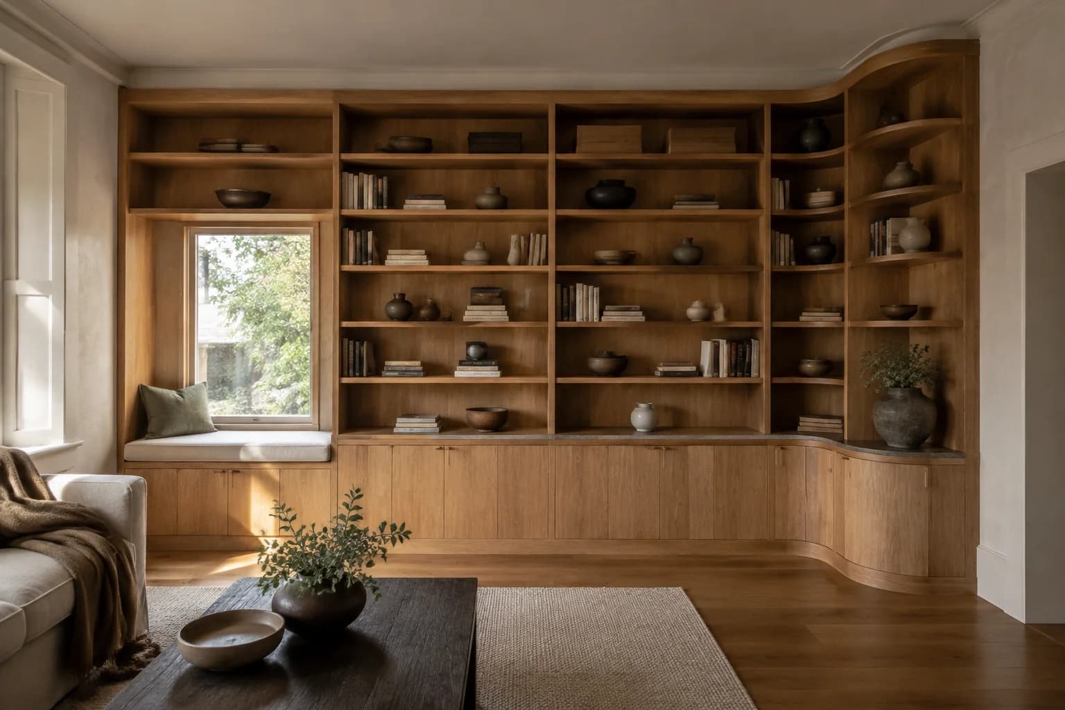 Concept interior of a bespoke oak library with curved cabinetry, bookshelves and a fitted window seat
