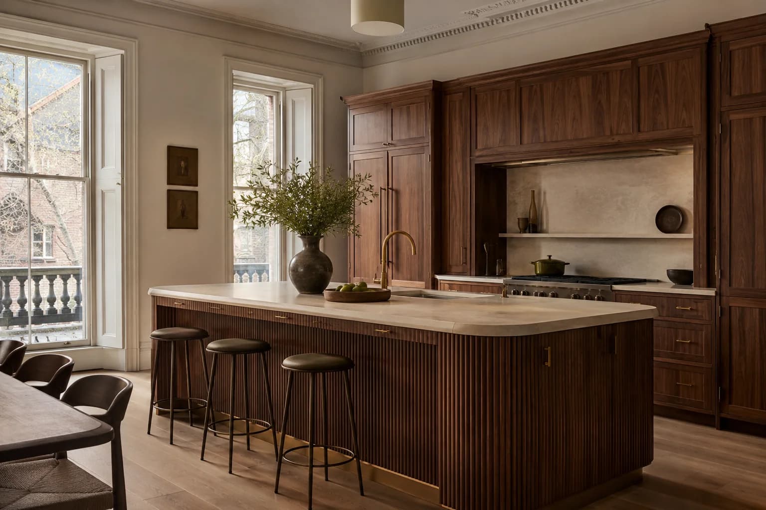 Generated concept showing the texture of a fluted walnut kitchen island