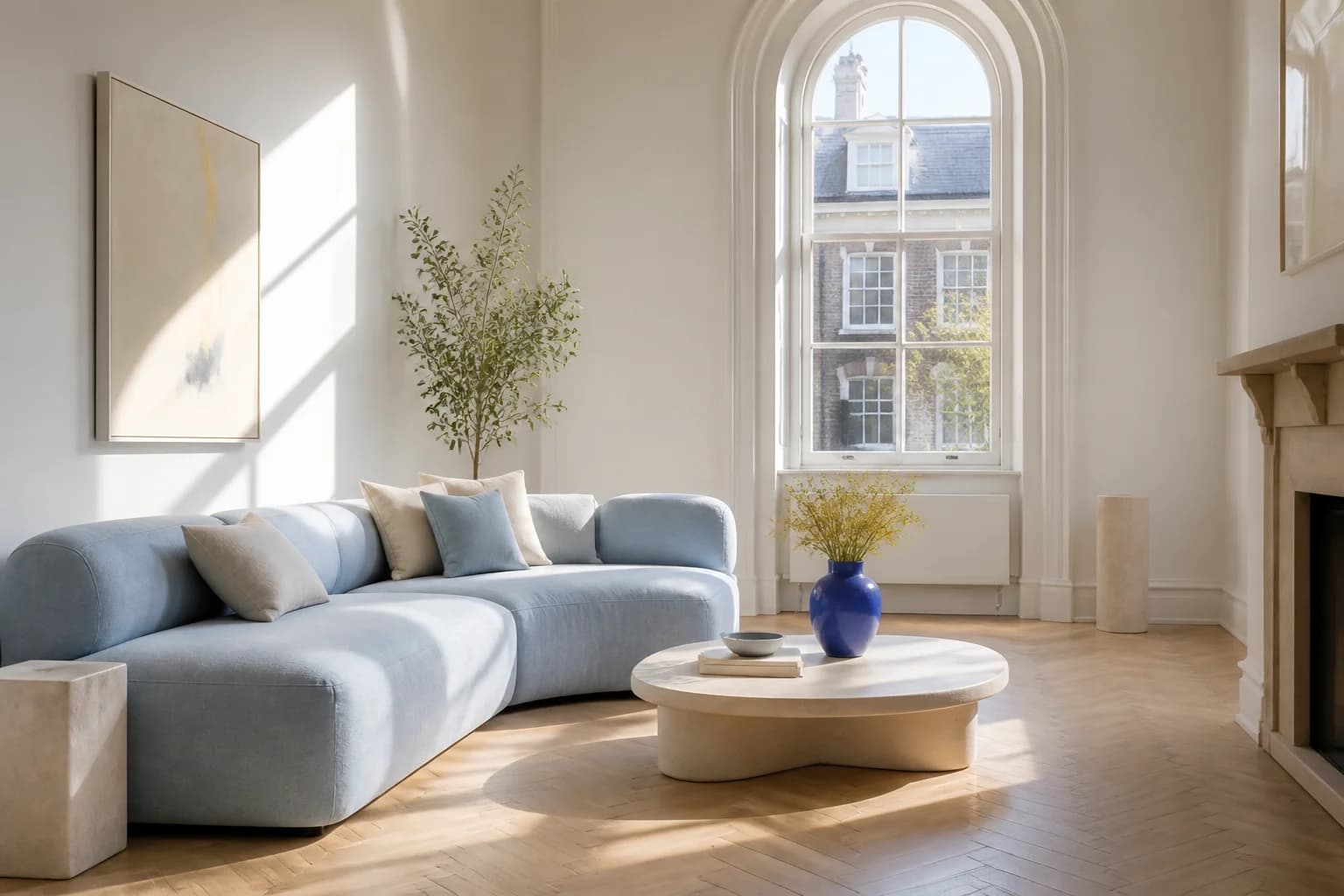 Generated concept of a sunlit clean living room with a pale blue sofa and oak floors