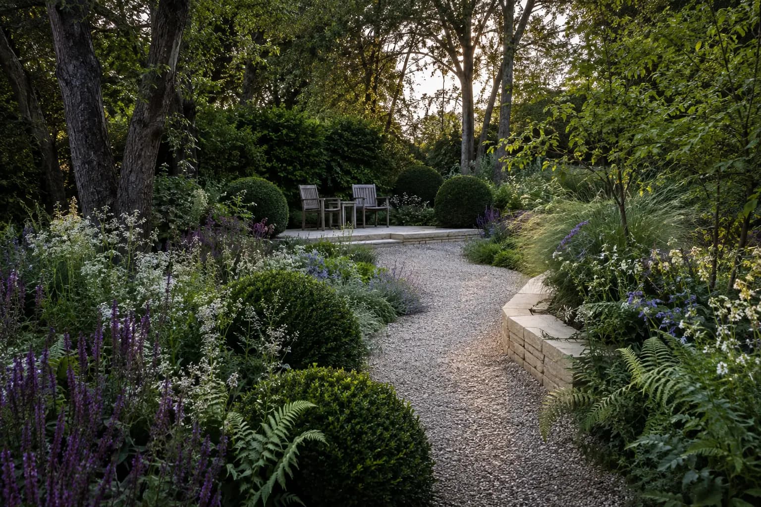Generated concept of a lush English garden with a curving gravel path through layered perennial planting