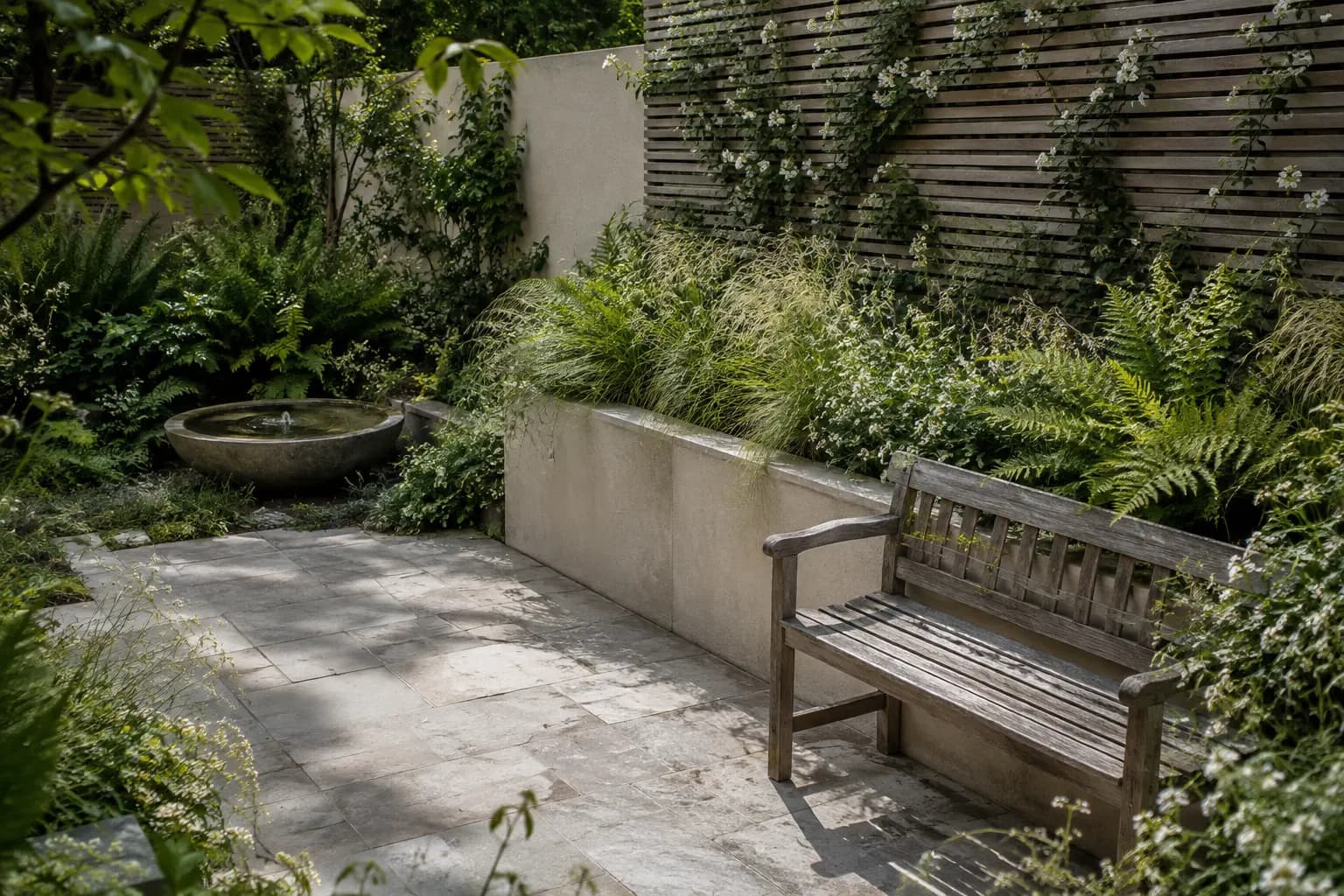 Generated concept of a limestone garden terrace with a timber bench and soft planting