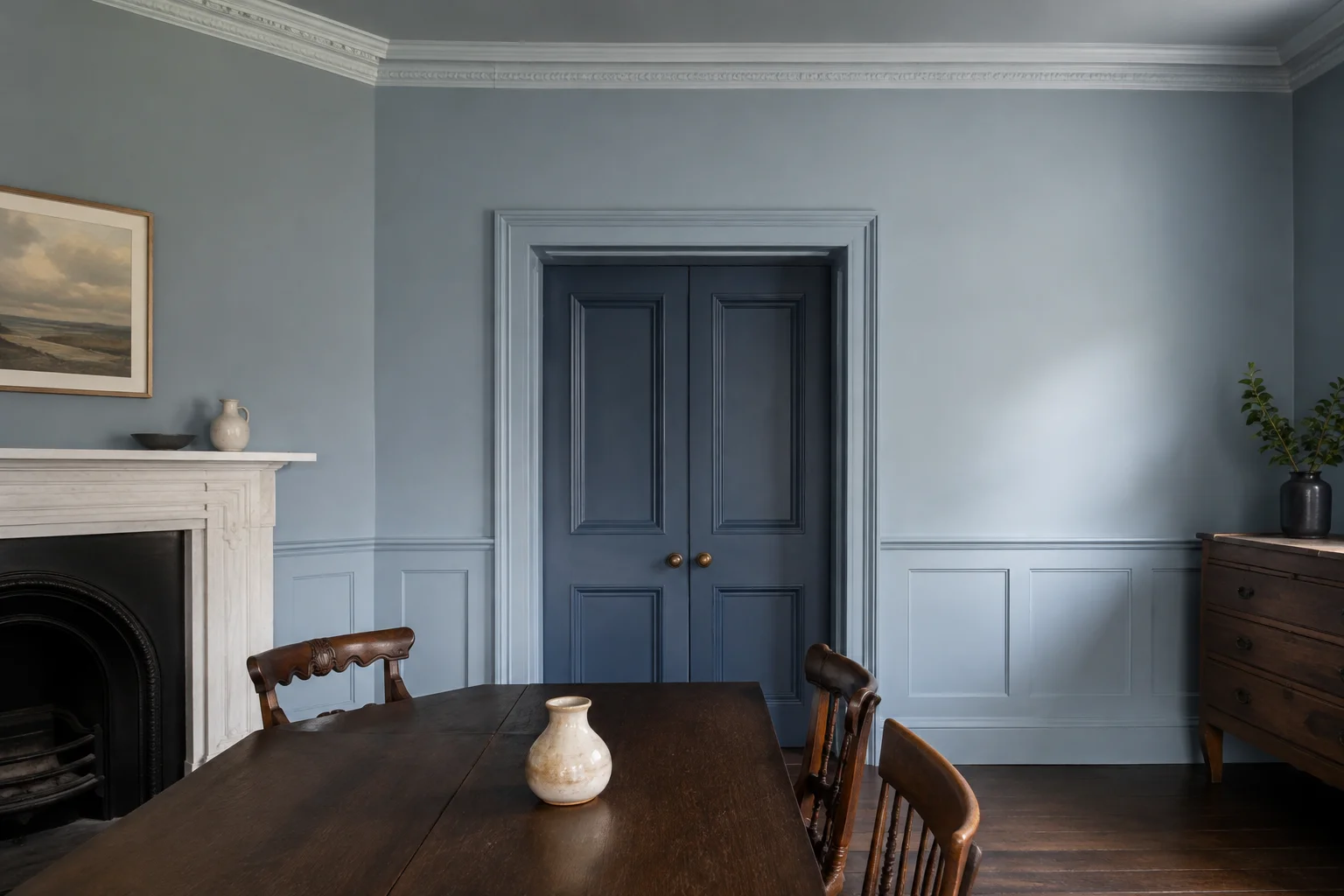 Generated concept of a blue dining room with painted panelling, a dark blue door and period cornicing