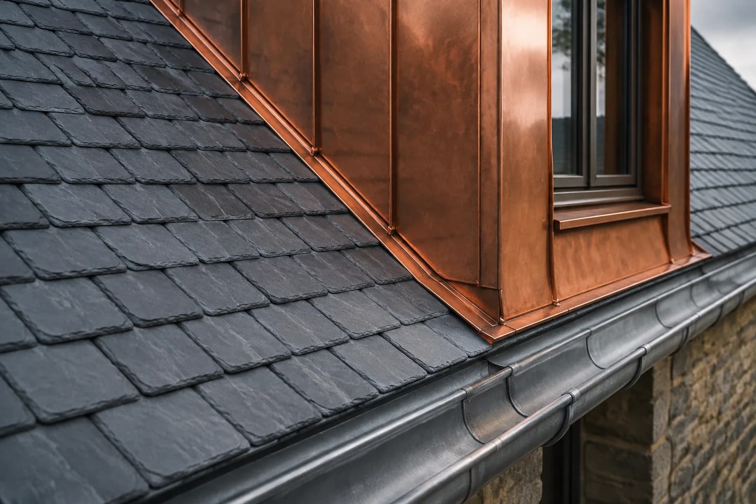Generated close-up concept of copper roofing meeting precisely laid slate tiles