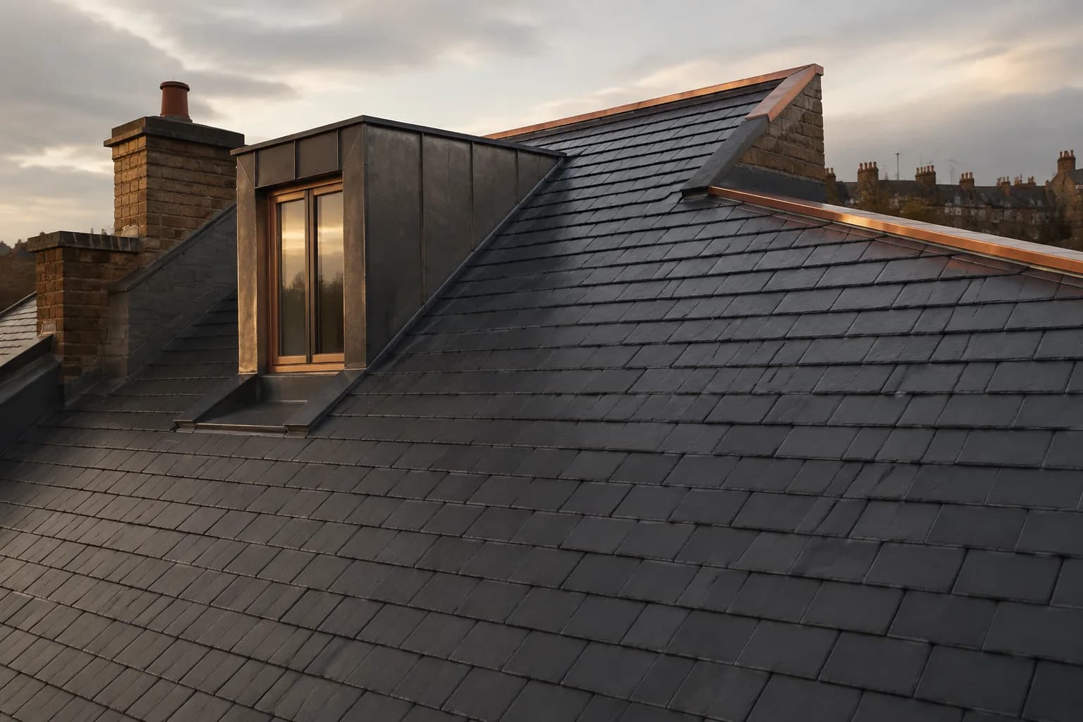 Generated architectural concept of a slate roof with a zinc dormer and precise copper ridge detail