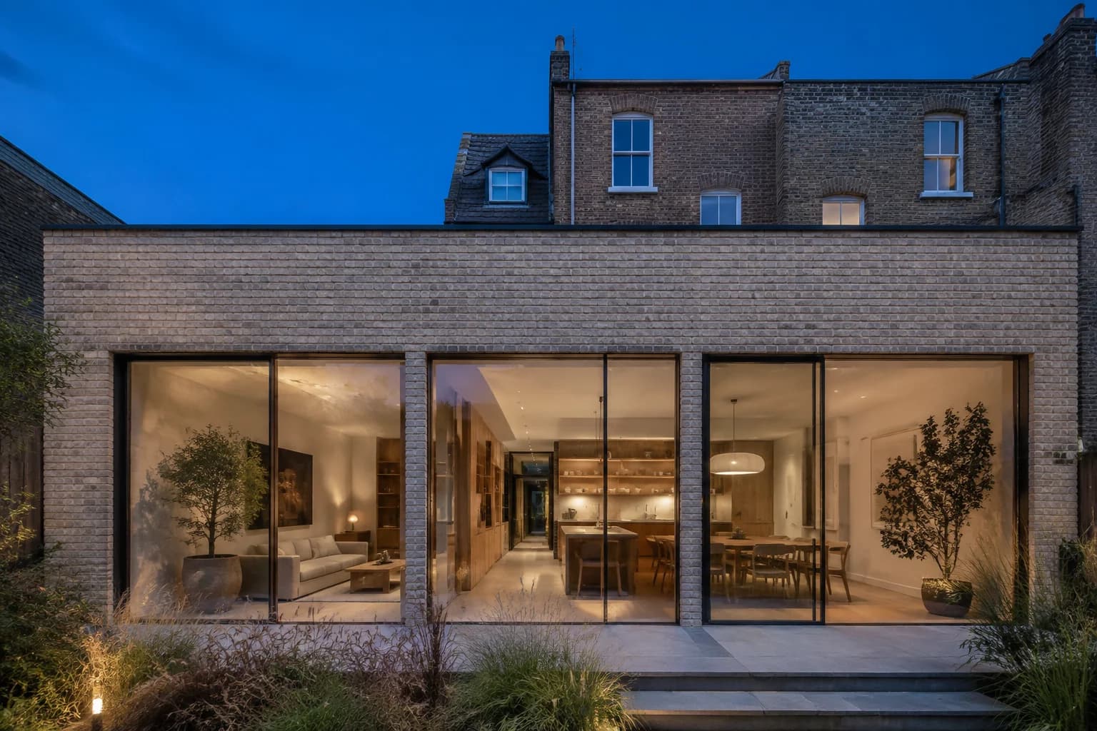 Generated concept of a pale brick rear extension opening onto a garden