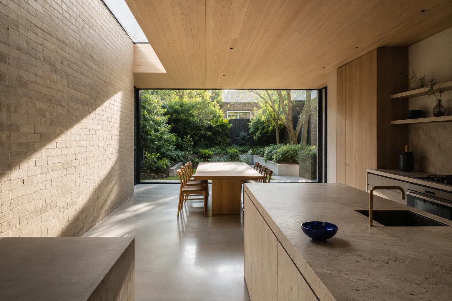 Generated concept of a warm oak kitchen and dining room beneath a linear rooflight