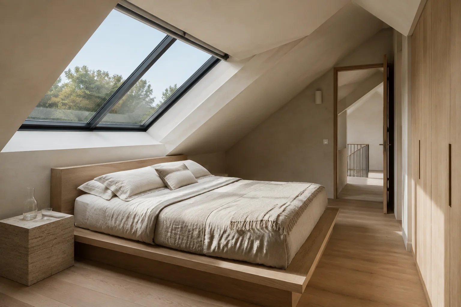 Generated concept of a refined loft bedroom with a large roof window and bespoke oak cabinetry
