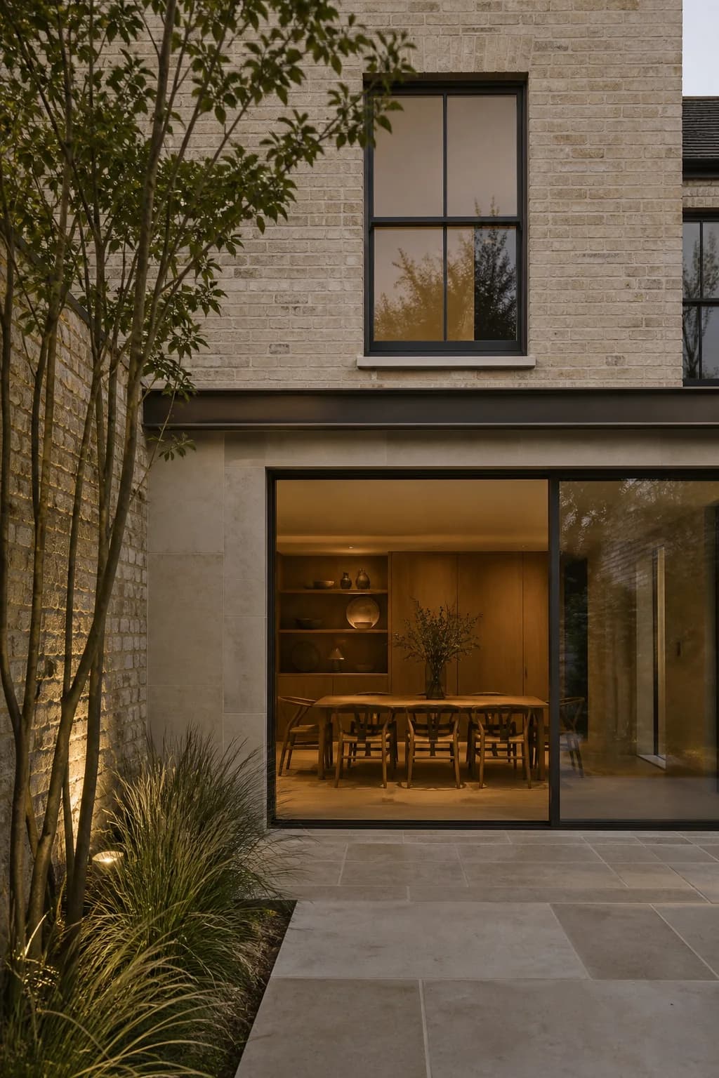 Generated architectural concept of a limestone and pale brick courtyard home with bronze-framed glazing and softly lit oak interiors