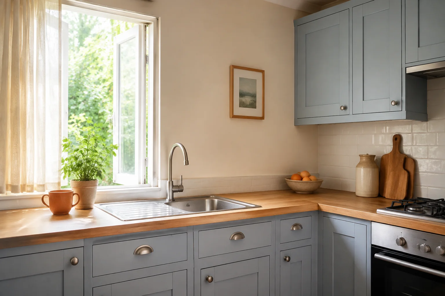 Generated concept of a refreshed powder blue kitchen with a timber worktop and sunny window