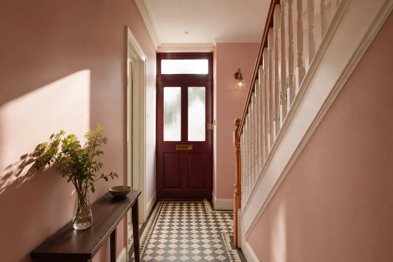 Generated concept of a freshly decorated rose hallway with restored timber stairs and a burgundy front door