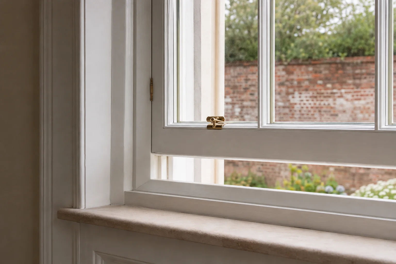 Concept timber window detail showing the frame, glazing, plaster reveal and stone sill