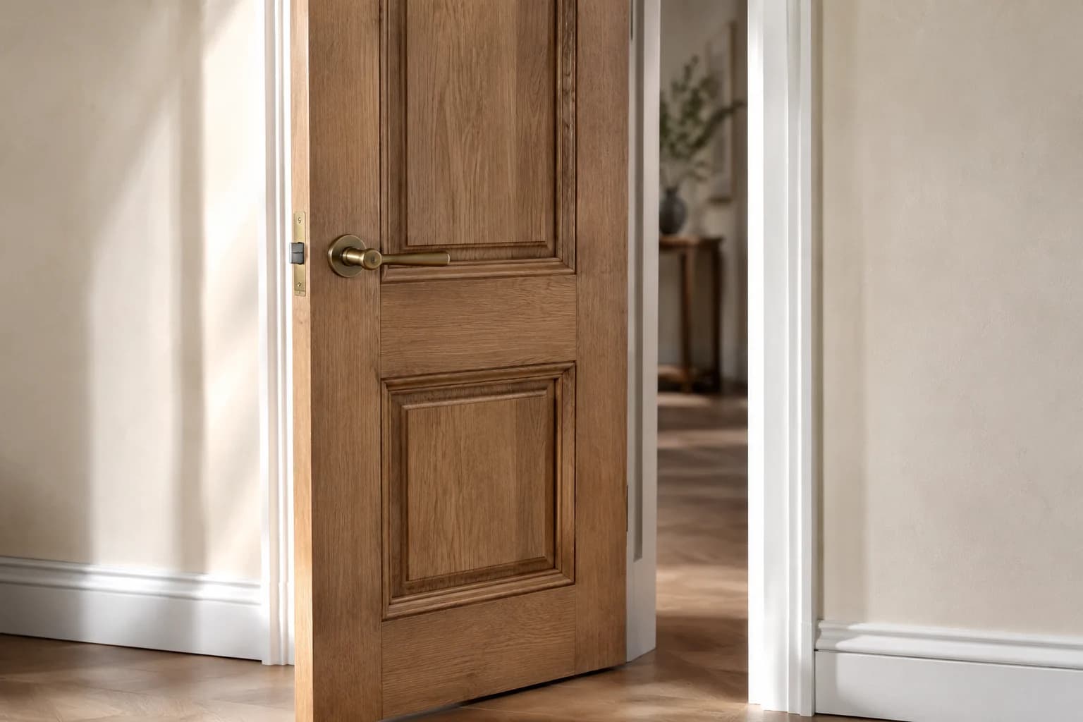 Concept restored oak door with brass hardware, a clean painted frame and precise timber detailing